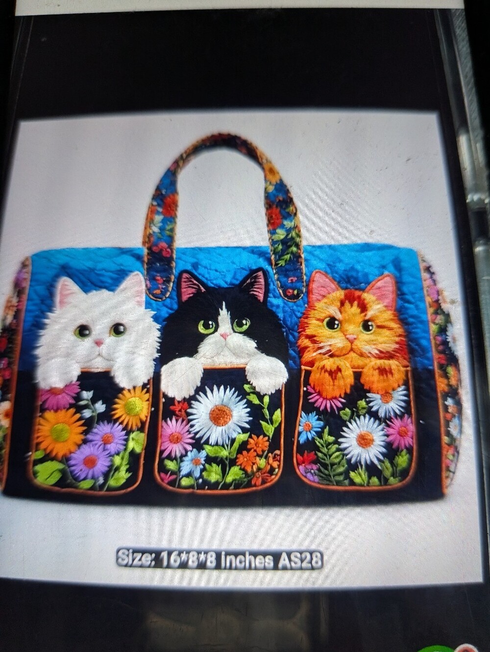 Cute Gym Bag Floral Cats Tote 16 X 8- Blue  with Three Kittens